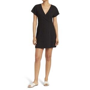 Madewell Women’s Faux Wrap Dress V Neck Short Sleeve Wrap Front Black Large